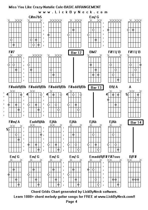 Chord Grids Chart of chord melody fingerstyle guitar song-Miss You Like Crazy-Natalie Cole-BASIC ARRANGEMENT,generated by LickByNeck software.